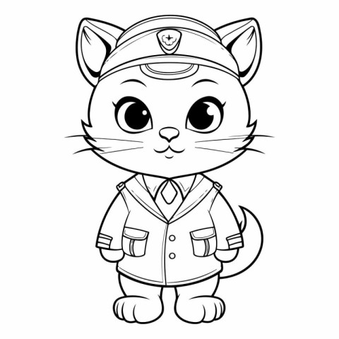 Black and White Cartoon Illustration of Cute Cat Captain Charact