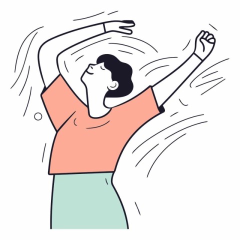 Happy young man jumping with raised hands in doodle style.