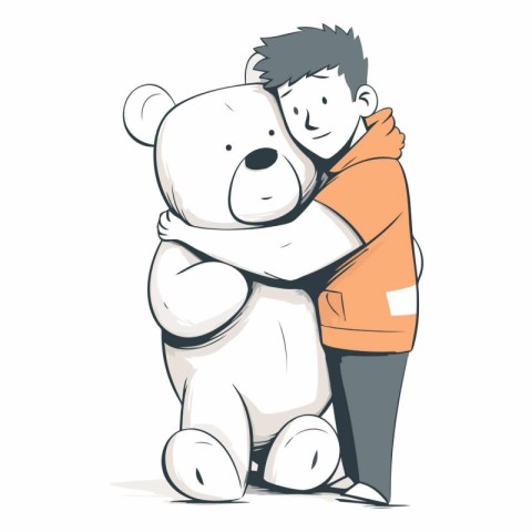 Illustration of a cute little boy hugging a big teddy bear