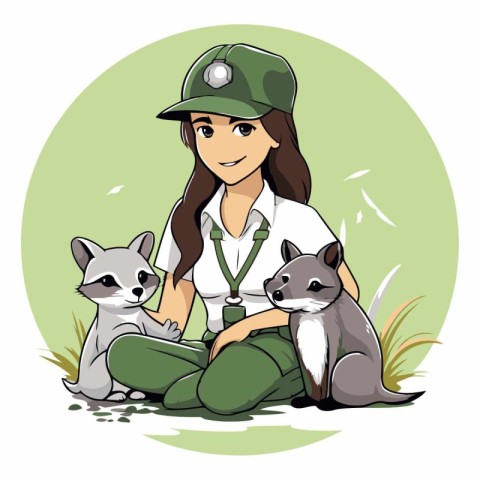 Veterinarian with her dogs in cartoon style.