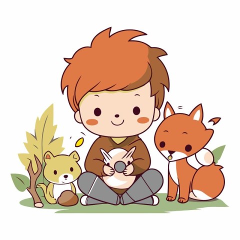 cute little boy with animals in the park characters vector illus