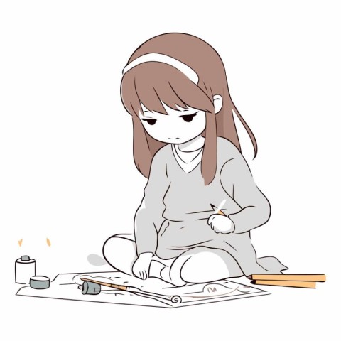 Illustration of a girl painting a picture with oil paints and br