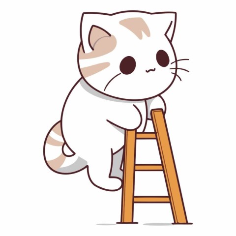 Cute cat climbing a ladder in cartoon style.