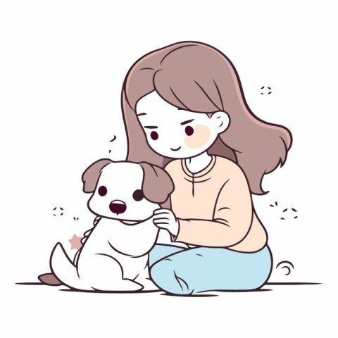 Girl playing with her dog. Cute hand drawn vector illustration.