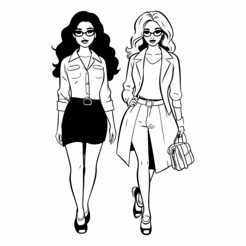 Fashion girls in sketch-style. Black and white.