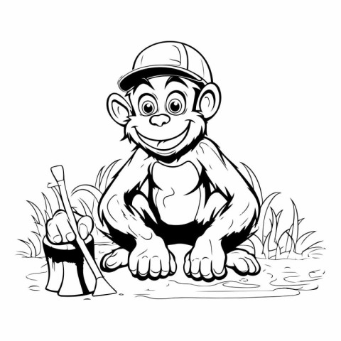 Monkey in a helmet with a shovel. Black and white vector illustr