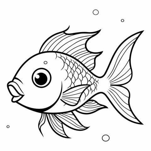 Black and White Fish Coloring Page for Kids Vector Illustration.