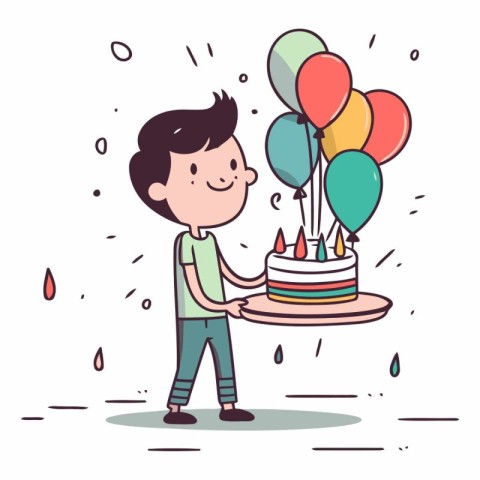 Boy holding birthday cake with balloons in cartoon style.