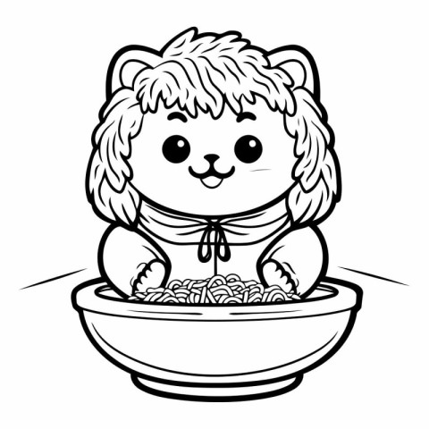 Lion Eating Noodles - Black and White Cartoon Illustration. Vect