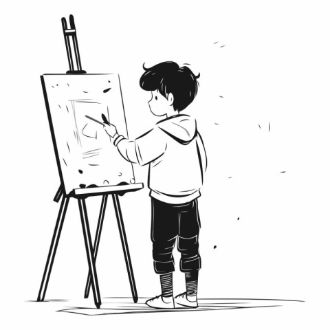 Little boy painting on easel. Black and white vector illustratio