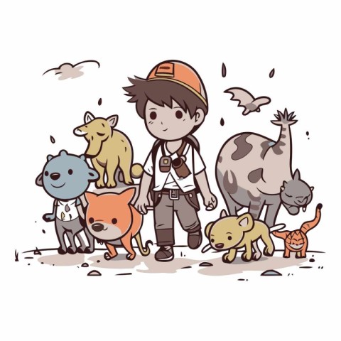 Cute little boy with a group of wild animals.