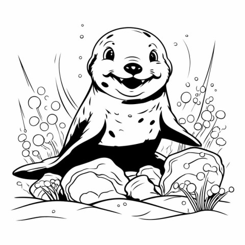 Cute seal sitting on the rock. Black and white vector illustrati