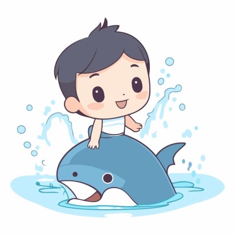 cute boy and whale in the water vector illustration. cartoon sty