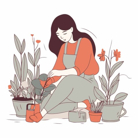 Gardening woman watering plants in pots. Flat vector illustratio