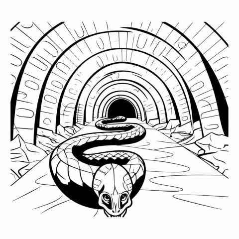 Black and White Cartoon Illustration of Snake in the Tunnel for