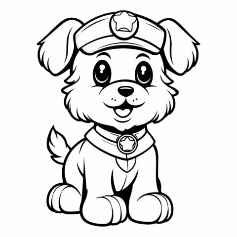 Black and White Cartoon Illustration of Cute Puppy Police Dog Co