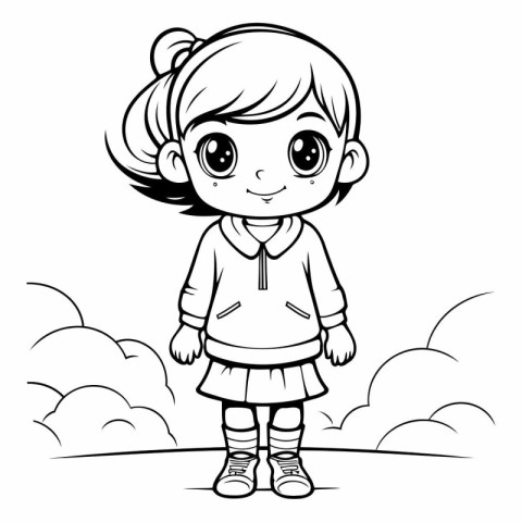 Black and White Cartoon Illustration of Cute Little Girl Charact