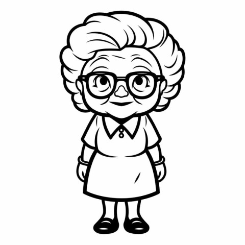 Grandmother Cartoon Character - Black and White Vector Illustrat