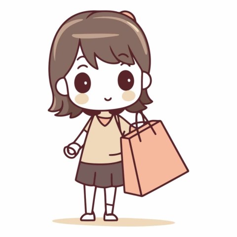 Young woman holding shopping bag. Cute cartoon character vector