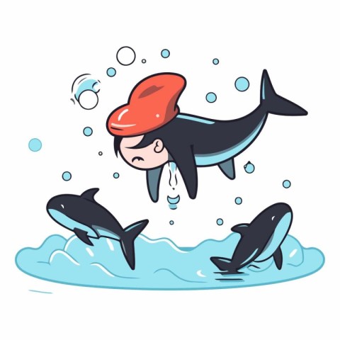 Funny cartoon killer whale swimming in the sea.