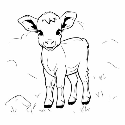 Vector illustration of a cute little calf standing on the meadow