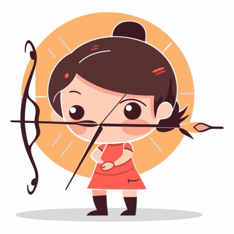 Cute little girl with bow and arrow. Cartoon vector illustration