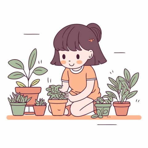 Little girl planting houseplants. Cute cartoon vector illustrati