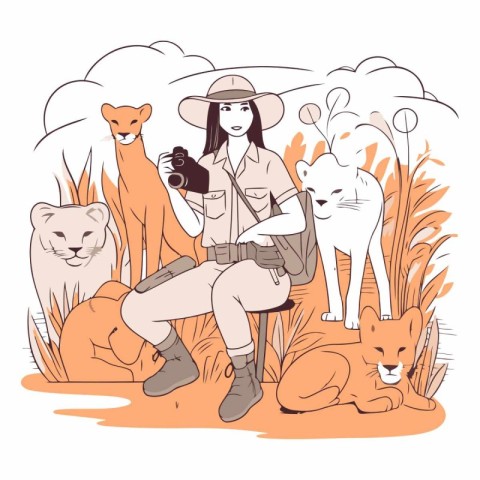 Illustration of a girl in a safari outfit with a camera and a ca