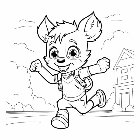 Cute cartoon fox running in the city for coloring book.