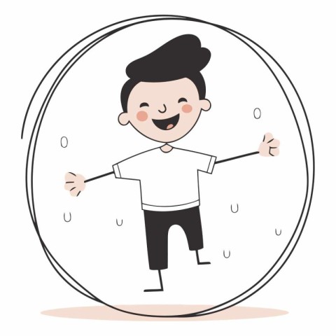 Cute happy boy jumping in a round frame.