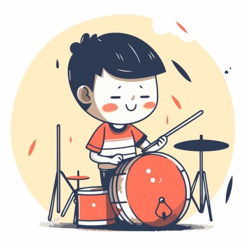 Cute little boy playing drums in cartoon style.