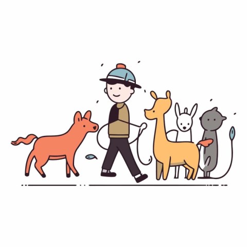 Vector illustration of a boy walking with a dog and a cat.