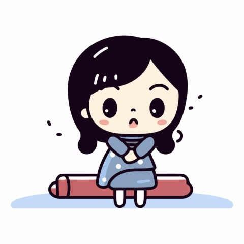 Cute little girl sitting on a big pencil.