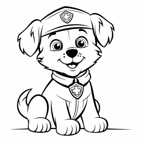 Cute Cartoon Police Dog - Black and White Vector Illustration.