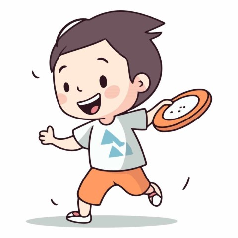 Cute boy running with donut in cartoon style.