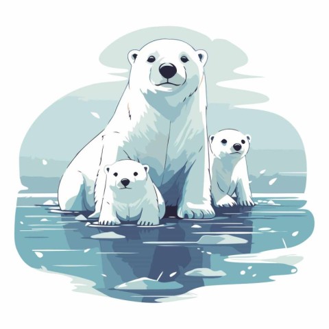 Polar bear family with cubs on the water.