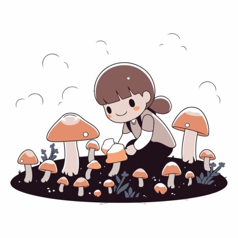 Cute cartoon boy picking mushrooms in the garden.