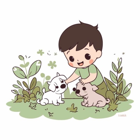 Cute boy playing with his dog in the garden.