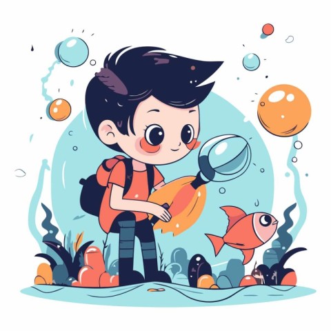 Cute little boy exploring underwater world with magnifying glass