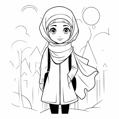 Muslim girl with hijab cartoon in the city park.