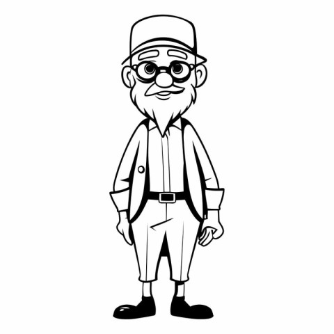 Cartoon old man with glasses and hat in black and white.