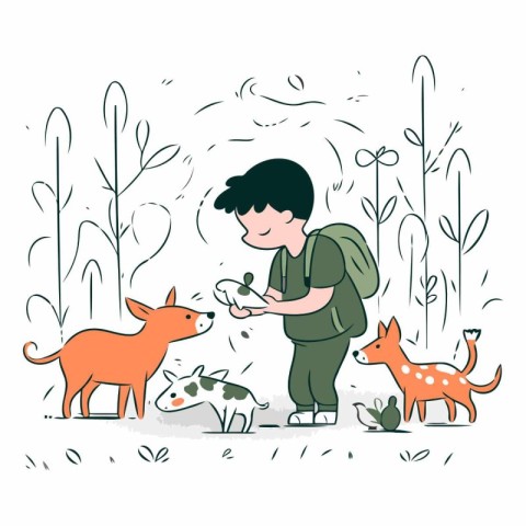 Vector illustration of a boy feeding the dogs in the park. Hand