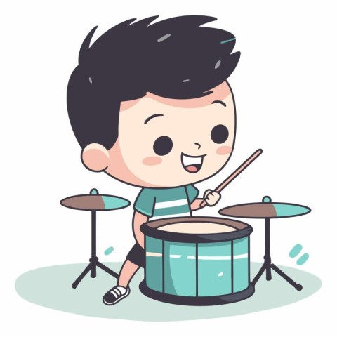 Boy playing drum set. Cute cartoon character.