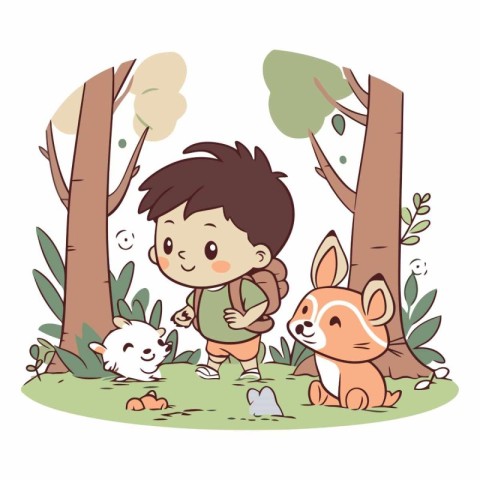 Cute little boy hiking with his dog in the forest.