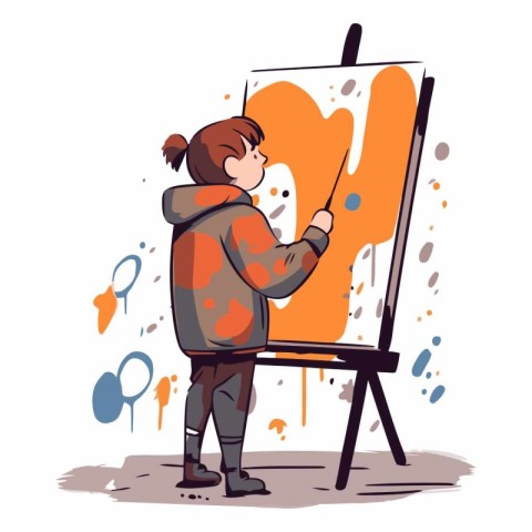 Girl drawing a picture on easel in cartoon style