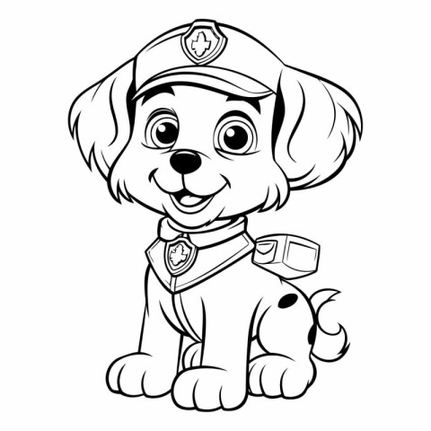 Black and White Cartoon Illustration of Cute Puppy Police Dog Co