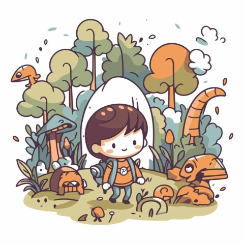 Cute little boy exploring the forest in cartoon style.