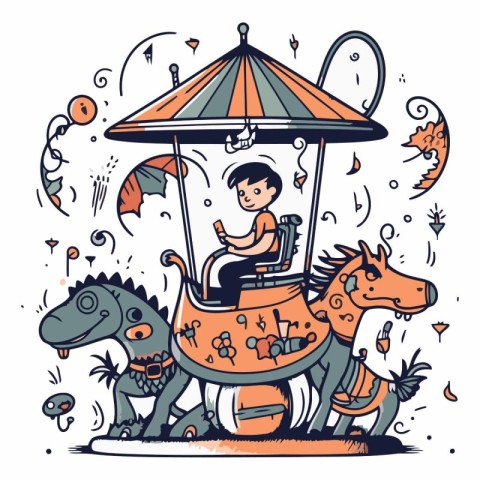 Hand drawn vector illustration of a boy riding a carousel with d