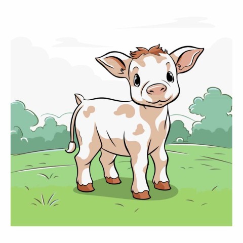 Cute cartoon baby cow standing in the field.