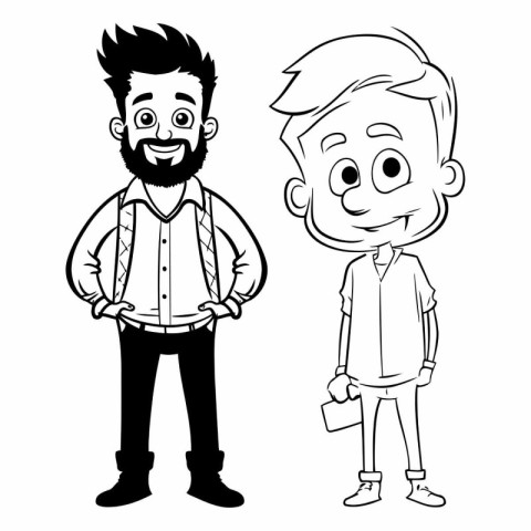 Black and White Cartoon Illustration of Young Man and Teenage Bo